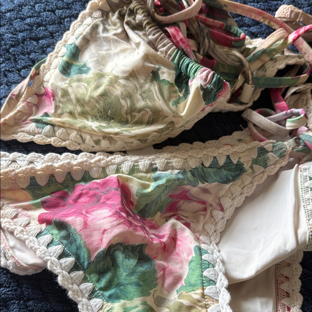 Zimmermann Floral Crochet-Trim Triangle Bikini in White, Green, Pink - Picture 4 of 4